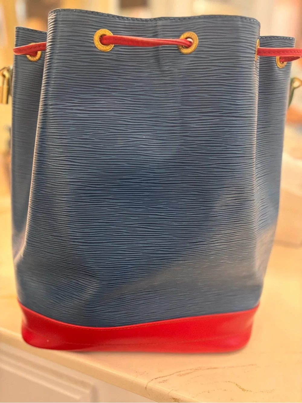 Authentic Louis Vuitton Epi Noé Bucket Bag Blue/Red/Green Leather with COA